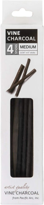 Pacific Arc Artist Vine Charcoal, Medium, Black 4 Charcoal Sticks for Drawing, Sketching, and Fine Art