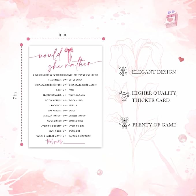 Wedding Shower Games Cards, Would She Rather Bridal Shower Game for 25 Guests, Engagement Party Wedding Games for Guests, Pink Ribbon Bow Wedding Party Supplies - E11