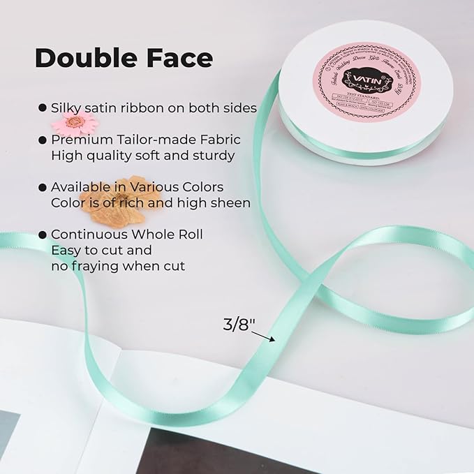 VATIN Double Face Aqua Satin Ribbon 3/8" Continuous 50 Yards,Blue Polyester Fabric Ribbon use for Bows Bouquet, Gift Wrapping, Floral Arrangement Wedding Decoration
