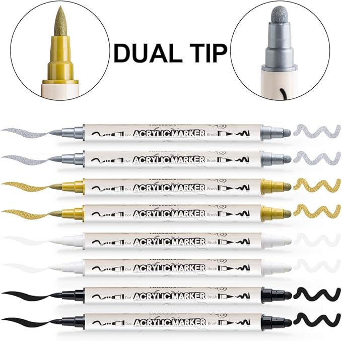 TRANSON 2 Gold, 2 Silver, 2 Black and 2 White Paint Markers Brush and Bold Dual-tip Acrylic Paint Marker Set for Rock Painting Glass Canvas Wood Leather Ceramic Painting