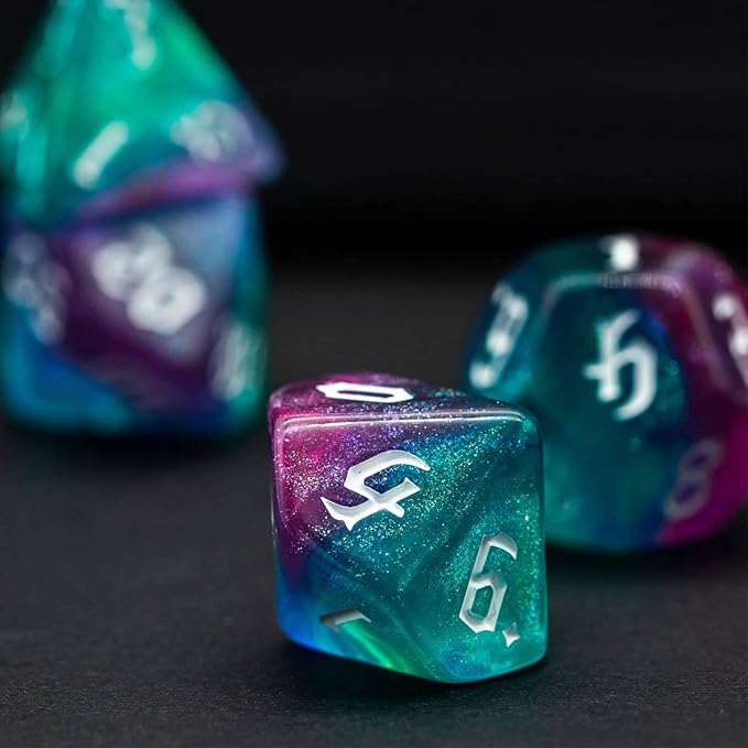 7-Die DND Dice Set Polyhedral Dice Set with a Leather Bag, D&D Dice Set for Dungeons and Dragons, RPG Table Games (Rose Blue w/Glitter)