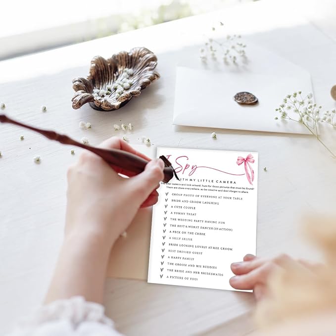 Wedding Shower Games Cards, I Spy with My Little Camera, Bridal Shower Games 25 Guests, Engagement Party Wedding Games for Guests, Pink Ribbon Bow Wedding Party Supplies - E02