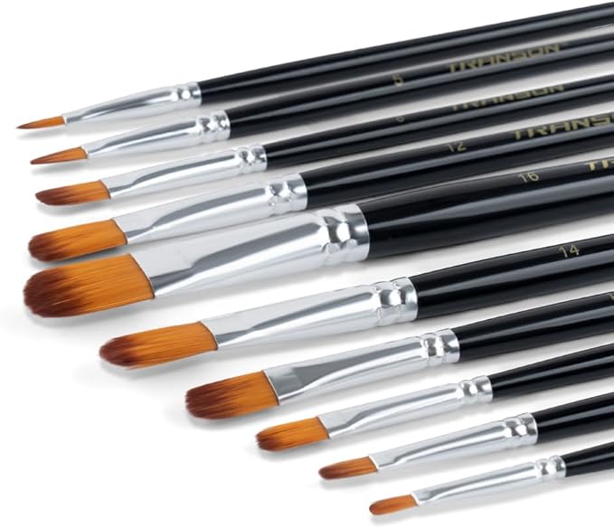 Transon Synthetic Filbert Paint Brush Set 10pcs for Acrylic Watercolor Gouache Art Painting and Body Craft Painting