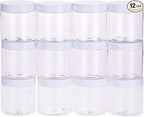 Chuangchou Empty Clear Plastic Storage Favor Jars Wide-mouth Plastic Containers with White Lids (12 Pack) for Beauty Products, DIY Making or Others (8 oz)