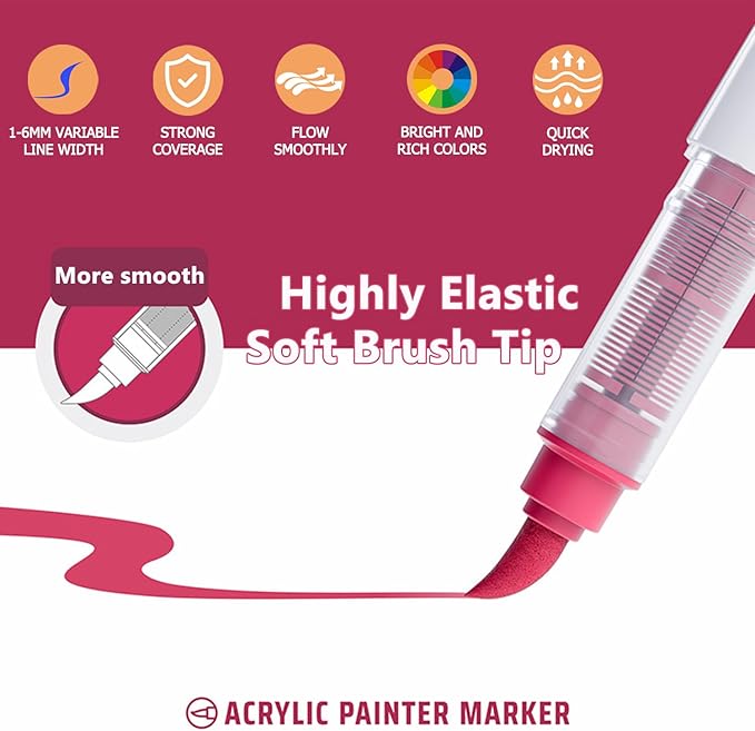 Water Based Acrylic Paint Markers, 9 Colors Acrylic Paint Pens Set with Soft Brush Tip, Marker Pen for Rock Painting, Egg, Wood, Glass, Paper, Mugs, Acrylic Painter Ink (Sweet Pink Series)