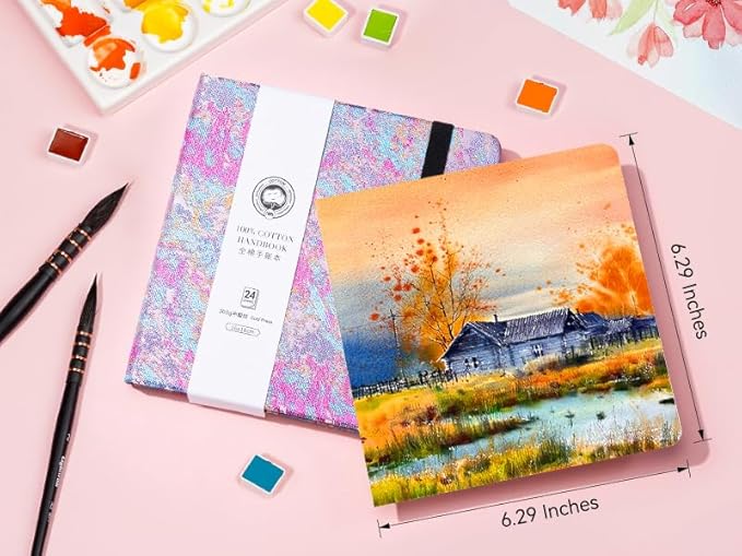 Lightwish Square Watercolor Journal,100% Cotton,300gsm/140lb,Acid-Free,24 Sheets Cold Press Watecolor Sketchbook for Artists Adults Students,6.29 * 6.29 Inches(Purple Sunset)