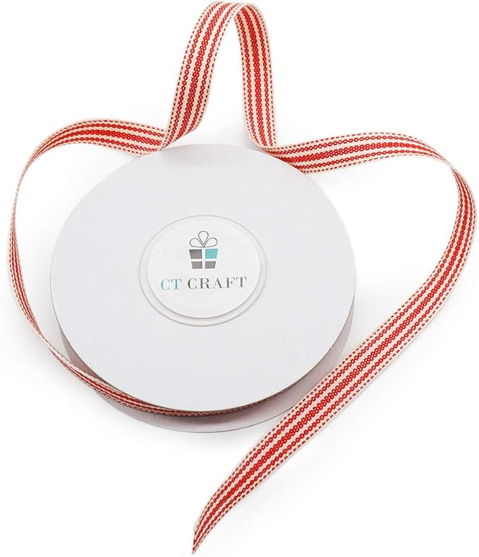 CT CRAFT LLC Ivory Cotton Red Stripes Ribbon 3/8" x 10 Yards for Home Décor Gift Present Wrapping DIY Crafts Birthday Wedding Bouquet Christmas