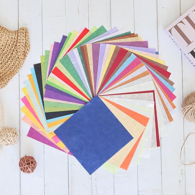 50 Colors 50 Sheets 6 x 6 Inches Natural Fiber Mulberry Tree Square Origami Paper Arts Folding Craft, Decoration Paper, Writing Painting Square Folding Paper for DIY Crafts (Mixed Color, 6"x6")