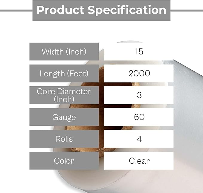 PSBM Stretch Wrap, 4 Pack, 15 Inch x 2000 Feet, 60 Gauge, Clear Plastic Cling, Cast Hand Stretch Film Rolls for Packaging Moving Packing Pallets