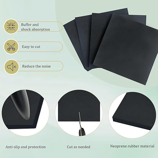 4 Pieces Neoprene Rubber Pads with Adhesive Backing 1/8 in Thick x 4 in x 4 in, Anti Vibration Pads, Rubber Block for Anti-Slip, Shock Absorption, Protection