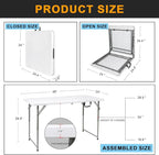 48" W x 24" D x 29.5" H - 4FT Adjustable Height Heavy Duty Plastic Fold-in-Half Foldable Table，White Portable Folding Table with Carrying Handle for Camping & Party
