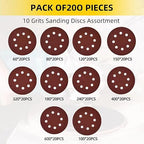 200-piece Sanding Discs Set - 5-Inch 8-Hole Sandpaper 10 Grades Include 60, 80, 100, 120, 150,180, 240, 320, 400, 600 Grits for Random Orbital Sander