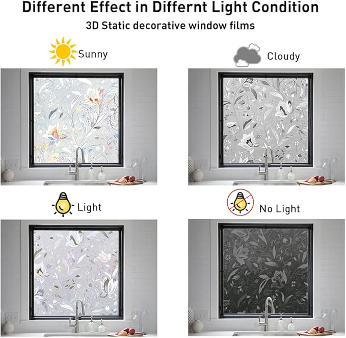 NINETREX Window Privacy Film,3D Stained Glass Window Film,Decorative Window Covering Sun Blocking Vinyl Static Cling Anti-UV Heat Control for Home Decor,Tulip 35.4 x 78.7inch