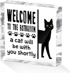 Funny Cat Bathroom Decor Acrylic Decorative Signs 4x4 Inch, Humorous Decorations for Bathroom Home Shelf Toilet, Gag Cat Lover Gifts for Women Men Friends
