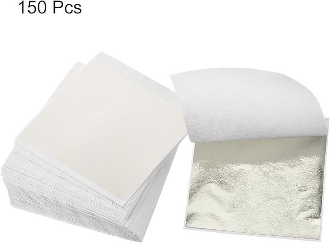 MECCANIXITY Gold Leaf Foil Sheet, Classic Silver Leaf Papers, 3.3 Inch x 3.1 Inch for Art Decoration, Sculptures, Painting, Pack of 150 Pcs
