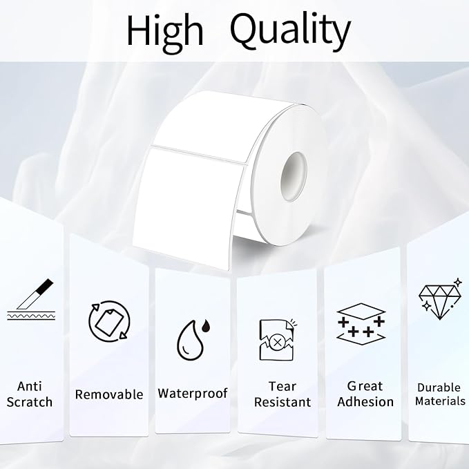 White Square Thermal Labels Stickers 2" x 2", Self-Adhesive Waterproof Square Direct Thermal Labels Stickers, Perforation Line Design