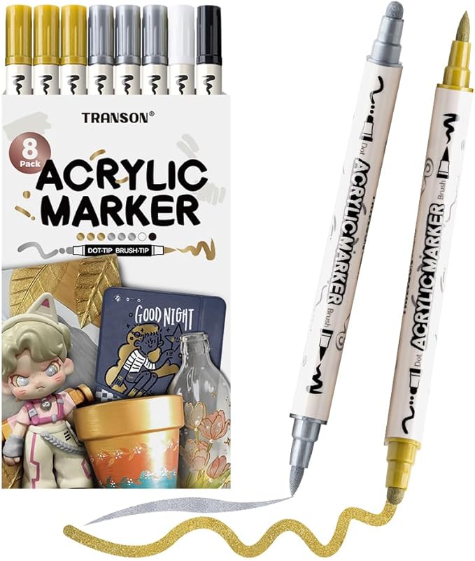 TRANSON 3 Gold, 3 Silver, 1 Black and 1 White Paint Markers Brush and Bold Dual-tip Acrylic Paint Marker Set for Rock Painting Glass Canvas Wood Leather Ceramic Painting