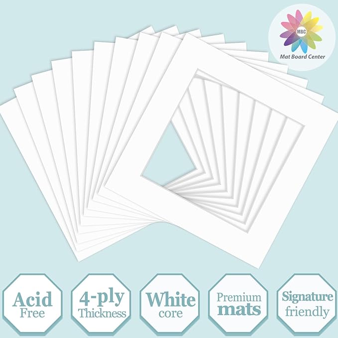 MBC Mat Board Center, 10 Pack 8x8 for 6x6 White Picture Mats Frame Mattes, Bevel Cut, Acid Free, 4-ply Thickness