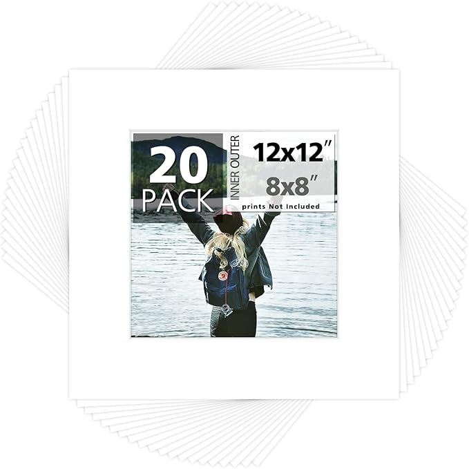 Mat Board Center, Pack of 20, 12x12 for 8x8 White Photo Picture Mats - Acid Free, 4-ply Thickness, White Core - for Pictures, Photos, Framing