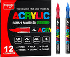 Acrylic Paint Markers Pens, 12 Vivid Colors Acrylic Markers Set,Direct Liquid Type, Stackable Color, Odorless Soft Head，Markers for School，Tooli Art ，Fabric & Creative Crafts (12)