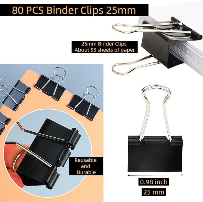 80 PCS Binder Clips, 1inch 25mm Binder Clips, Paper Clamps Medium Size for Office, Home, School, Document Organizing (1 inch)