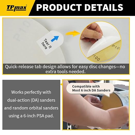 6-Inch 320-Grit Gold PSA Sanding Discs, 50 Pack – Pro-Grade Self-Adhesive Stickyback Sandpaper with Quick-Release Tabs for DA Sander, Ultra-Fine Automotive/Wood/Metal Sanding