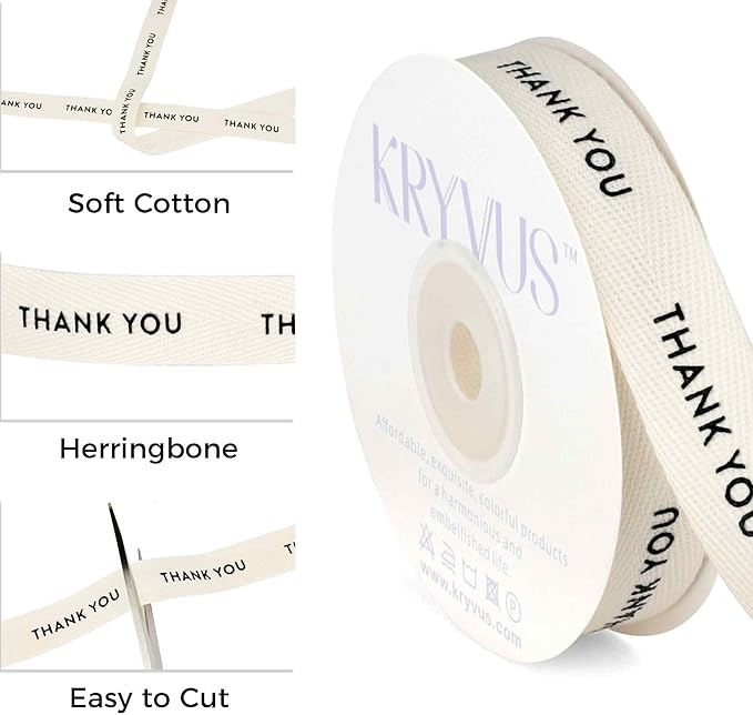 Thank You Ribbon - 5/8 Inch x 12 Yards Natural Twill Tape Ribbon, Cotton Herringbone Ribbons for Gift Wrapping, Birthdays, Weddings, Christmas, Anniversaries, Valentine's Day, Mother's Day