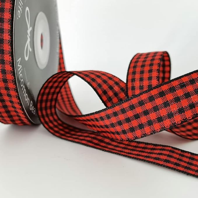 Red and Black Gingham Plaid Checked Ribbon 25 Yards Each Roll 100% Polyester (5/8",BlackRed)