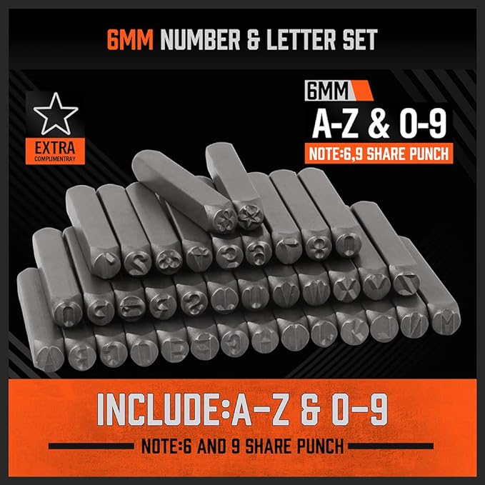 HORUSDY 37-Piece Number and Letter Stamp Set 1/4 (6mm) (A-Z & 0-9 + Stars) Punch Perfect for Imprinting Metal Stamping kit, Plastic, Wood, Leather