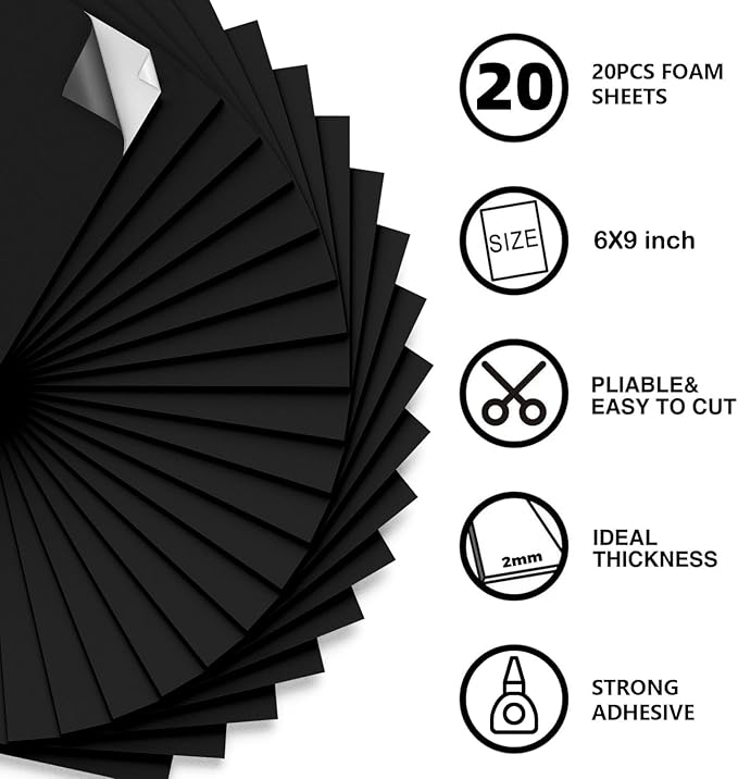 MEARCOOH 20-Pack Self Adhesive Foam Sheets, Black 2mm Sticky Eva Foam Paper 6x9 Inch for Crafts