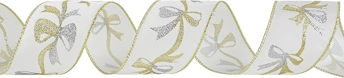 MEEDEE Gold & Silver Christmas Ribbon - 2.5 Inch White Satin with Glittery Bows Pattern - 10 Yards Wired Ribbon for Tree, Garlands & Toppers