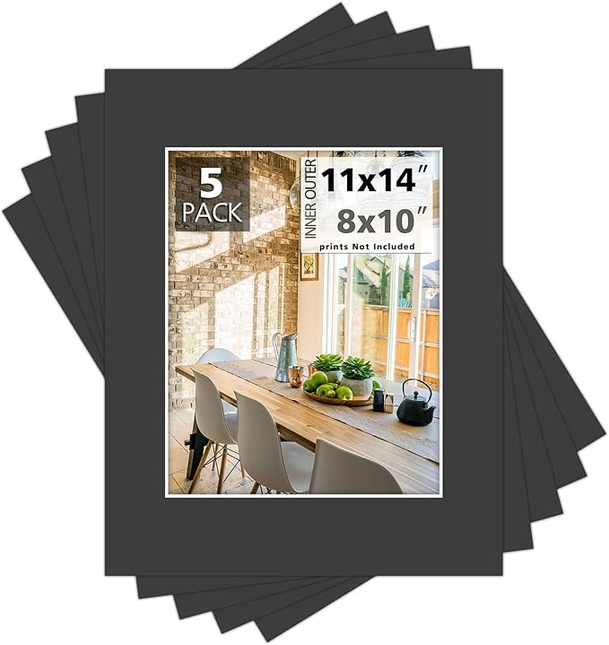 MBC Mat Board Center, Pack of 5, 11x14 for 8x10 Black Photo Picture Mat - Acid Free, 4-ply Thickness, White Core - for Pictures, Photos, Framing