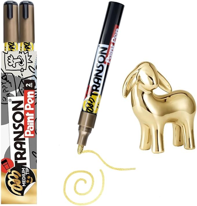 TRANSON 2 Gold Permanent Paint Markers for Fabric Rock Craft Diy Painting Medium Tip Oil Based Waterproof
