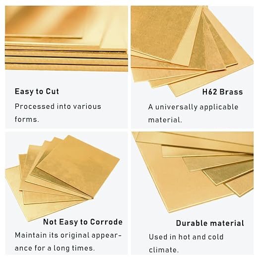 14 Gauge Brass Sheet，H62 Brass Plates Metal 0.059" Thickness x 5.9" Width x 5.9" Lenght, for Models, Crafts, Repairs, Electrical, 1Pcs