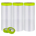 Pre-Taped Masking Film-55inx65ft Tape and Drape Painters Paper Rolls, Plastic Painting Film for Automotive Painting Covering （Masking Film:3rolls,Tape:2rolls）