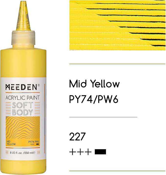 MEEDEN Mid Yellow Acrylic Paint: Matte Finish 250ml/8.45oz Soft Body Bulk Acrylic Colors in Ergonomic Bottle - Fluid Flow Art Paints for Adults Artists Canvas Art Painting