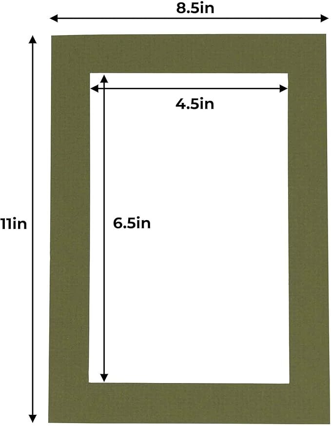 5x7 Mat for 8.5x11 Frame - Precut Mat Board Acid-Free Show Kit with Backing Board, and Clear Bags Dill Green 5x7 Photo Matte Made to Fit a 8.5x11 Picture Frame Matboard for Framing, Pack of 100 Mats