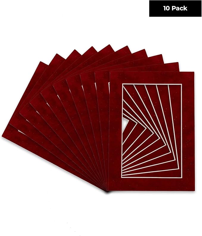 Pack of TEN 11x14 Mats Bevel Cut for 8.5x11 Photos - Acid Free Bright Red Suede Precut Matboards For Pictures, Photos, Framing - 4-ply Thickness