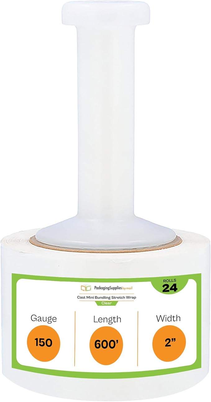 PSBM Mini Stretch Wrap with Handle, 24 Pack, 2 Inch x 600 Feet, 150 Gauge, Clear, Small Plastic Cling Film for Pallets Moving Storing