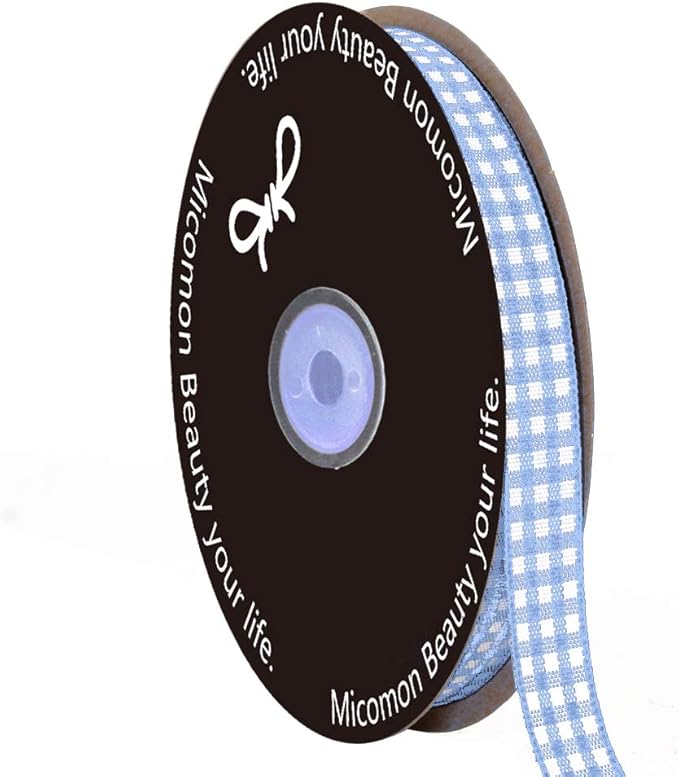 Light Blue Gingham Plaid Checked Ribbon 25 Yard Each Roll 100% Polyester (3/8", Lt.Blue)