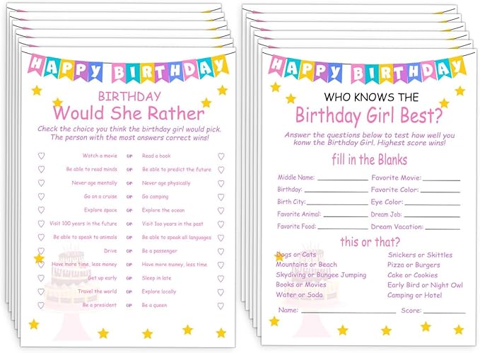 Birthday Party Games Set for Girls- 20 Birthday Double Sided Games Cards Set- Girls Birthday Party Activity Notebook Themed Party Activity and Idea - Girl Birthday Party Supplies, Decorations