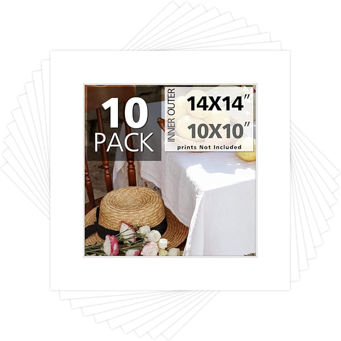 Mat Board Center, Pack of 10, 14x14 for 10x10 White Photo Picture Mats - Acid Free, 4-ply Thickness, White Core - for Pictures, Photos, Framing