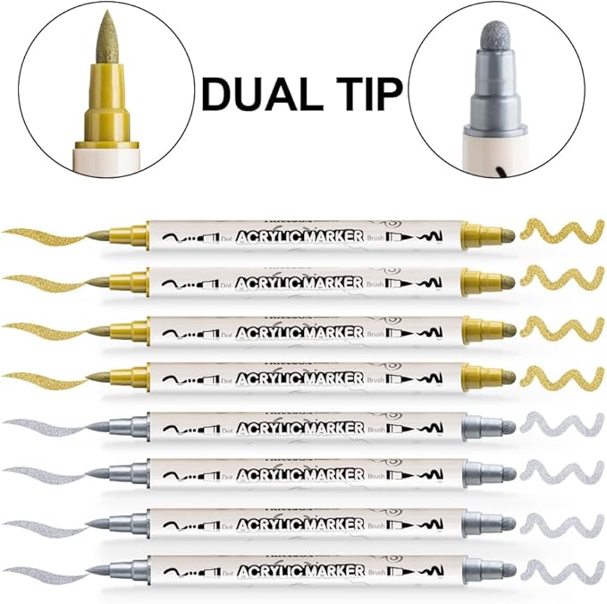 TRANSON 4 Silver and 4 Gold Paint Markers Brush and Bold Dual-tip Acrylic Paint Marker Set for Rock Painting Glass Canvas Wood Leather Ceramic Painting