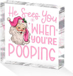 Funny Santa Desk Decor Acrylic Sign 4X4 Inch, Humorous Christmas Decorations Desk Signs for Toilet Cubicle Room Bathroom, Gag Gifts for Women Men Friends