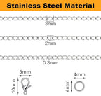 Jishi 33ft Twisted Cable Chain 2mm Silver Stainless Steel Link Chain, Jewelry Making Supplies Necklace Bracelet Extender, DIY Craft Earring Findings, Metal Link Chain Roll w/Lobster Clasps, Jump Rings