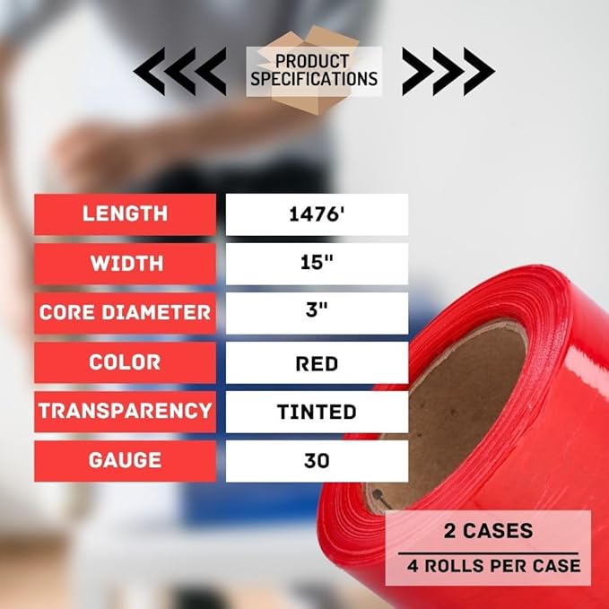 PSBM Red Stretch Wrap, 15 Inch x 1476 Feet, 8 Pack, Tinted Pre-Stretched Shrink Wrap Film for Moving, Packaging, Pallet Wrapping