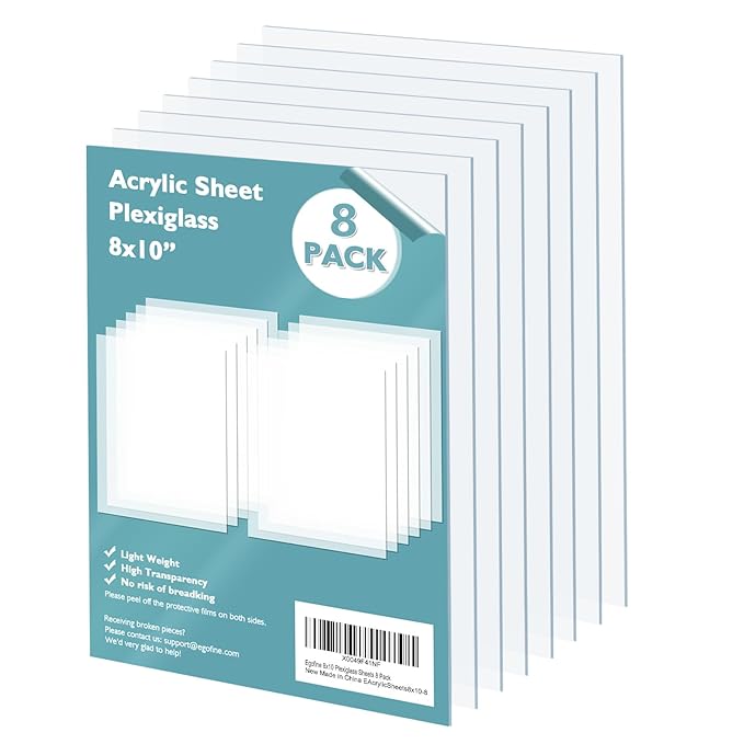 Egofine Plexiglass Sheets Acrylic Sheets 8 Pack of 8x10’’ 0.04 Thick Clear Plastic Cast Transparent Plexi Glass for Crafting Projects, Replacement Picture Frame Glass, DIY Display, Easy to Cut
