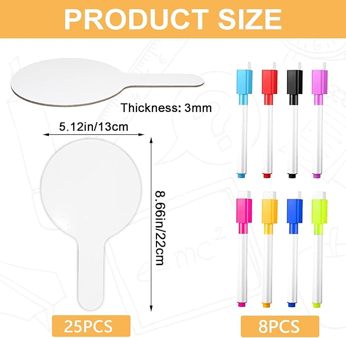 33Pcs Dry Erase Answer Paddles with Markers Thickened Handheld Double Sided Paddles Mini White Boards Small Dry Erase Signs Auction Paddles for Students Classroom Bidding Voting Games