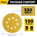 100PCS 5 Inch 320 Grit 125mm 8 Hole Sanding Discs Sandpaper - Premium Gold Round Hook and Loop for Random Orbital Sander - Ideal for Wood, Metal, Automotive