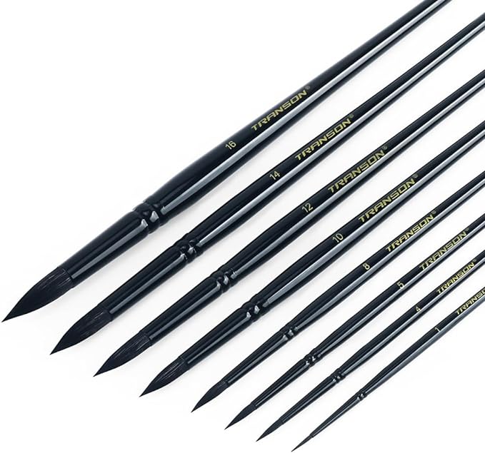 Transon 8pcs Round Watercolor Paint Brush Set Goat Hair for Watercolors,Acrylics,Inks,Gouache,Oil and Tempera Black Color